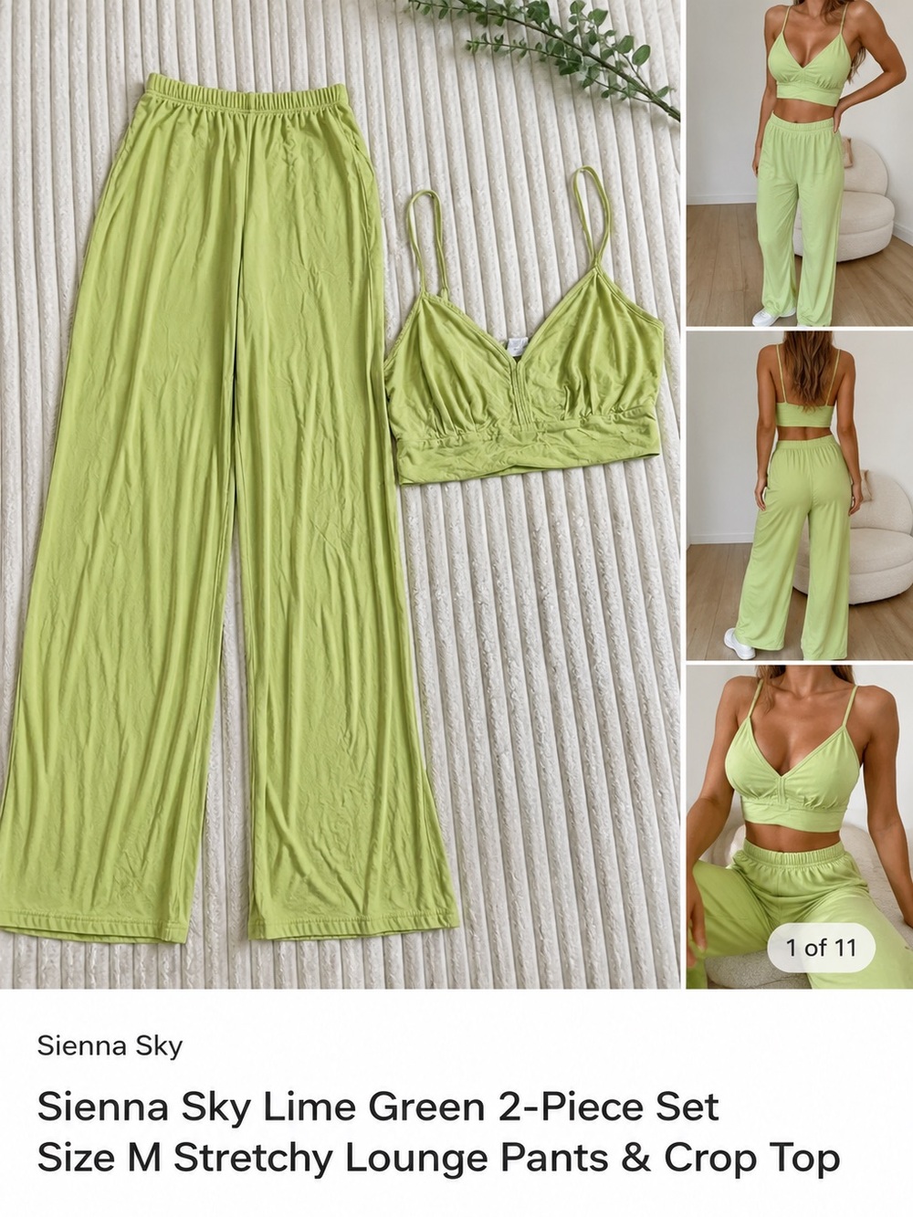 Sienna Sky Lime Green 2-Piece Set Size M Stretchy Lounge Pants & Crop Top